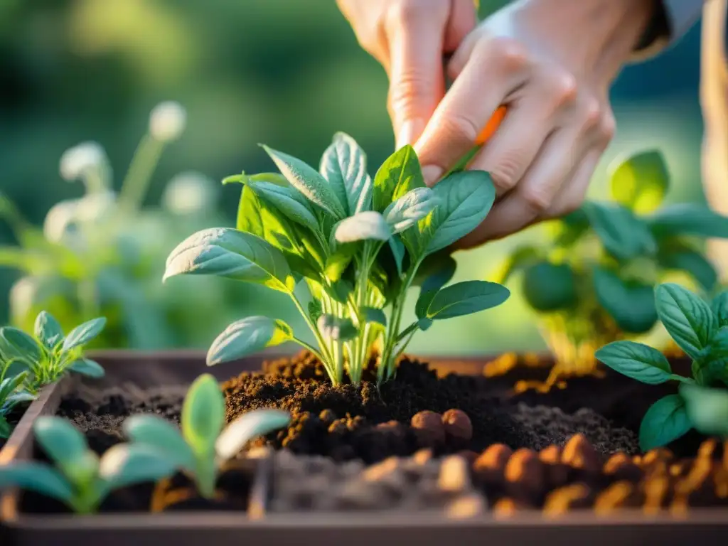 Un chef francés de permacultura cuidadosamente planta hierbas frescas en un jardín vibrante, mostrando su dedicación