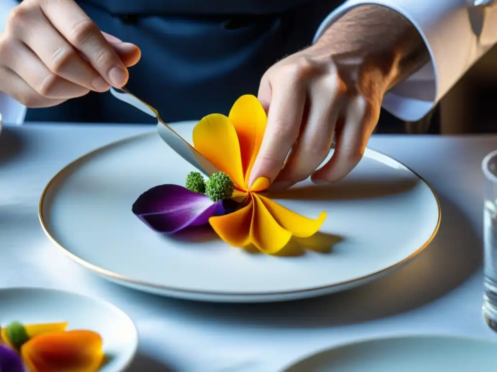 Un chef coloca pétalos de flores en un plato francés con presentaciones audaces platos clásicos franceses