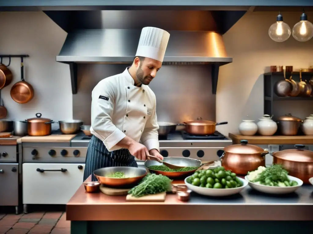 Un chef francés pionero en la alta cocina del siglo XIX, preparando platos en una bulliciosa cocina francesa