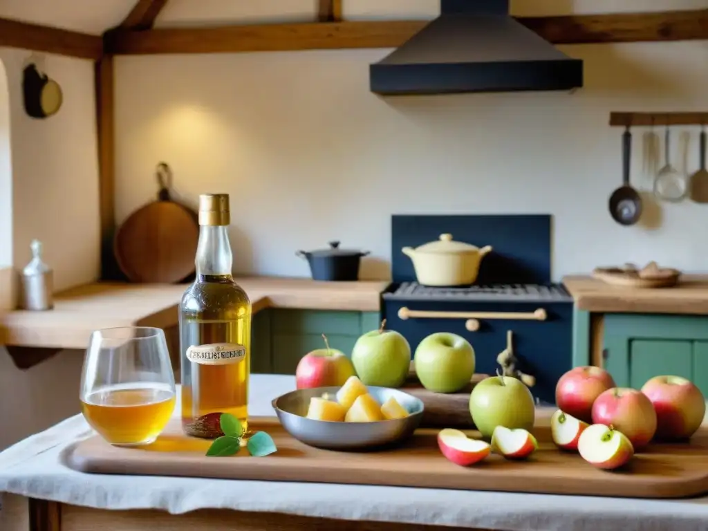 Un chef preparando un platillo normando en una cocina rústica, con sidra natural Normandía gastronomía