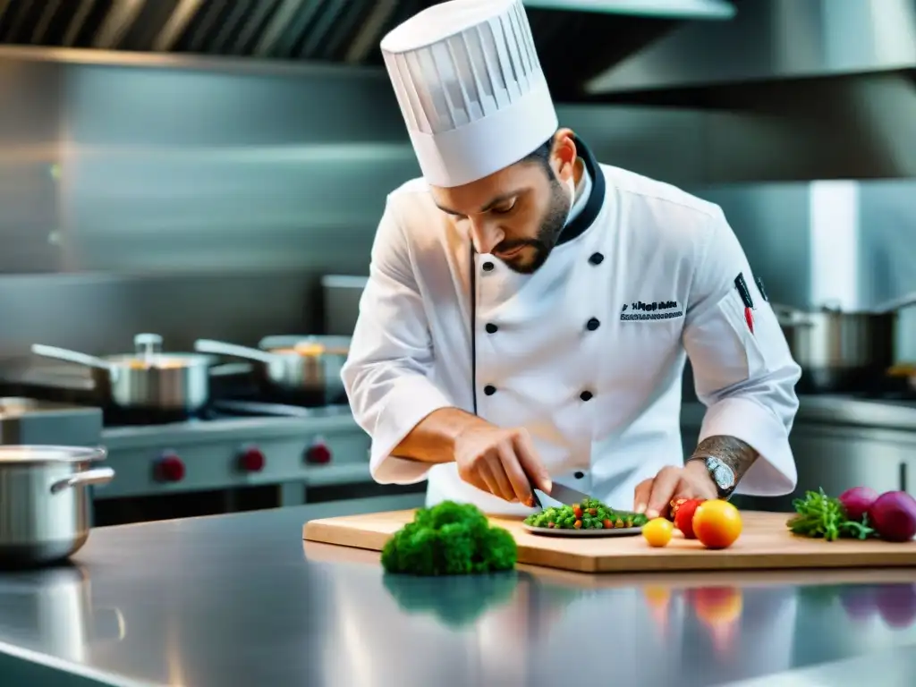 Chef francés preparando platillo colorido en cocina profesional