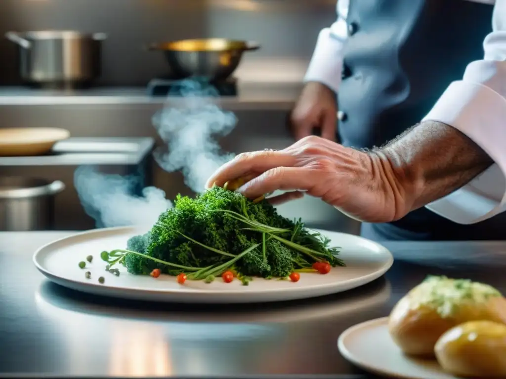 Chef preparando platillo francés con habilidad y precisión, en honor a los secretos de Paul Bocuse cocina francesa