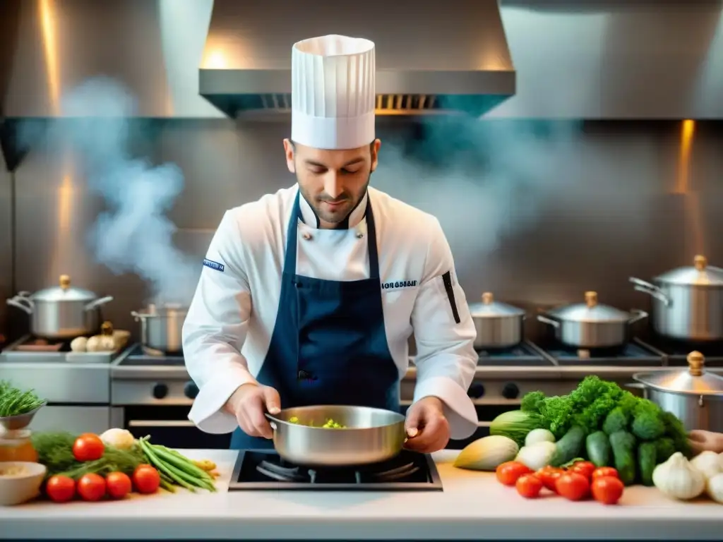 Un chef francés prepara con maestría un platillo al vapor en una bulliciosa cocina parisina