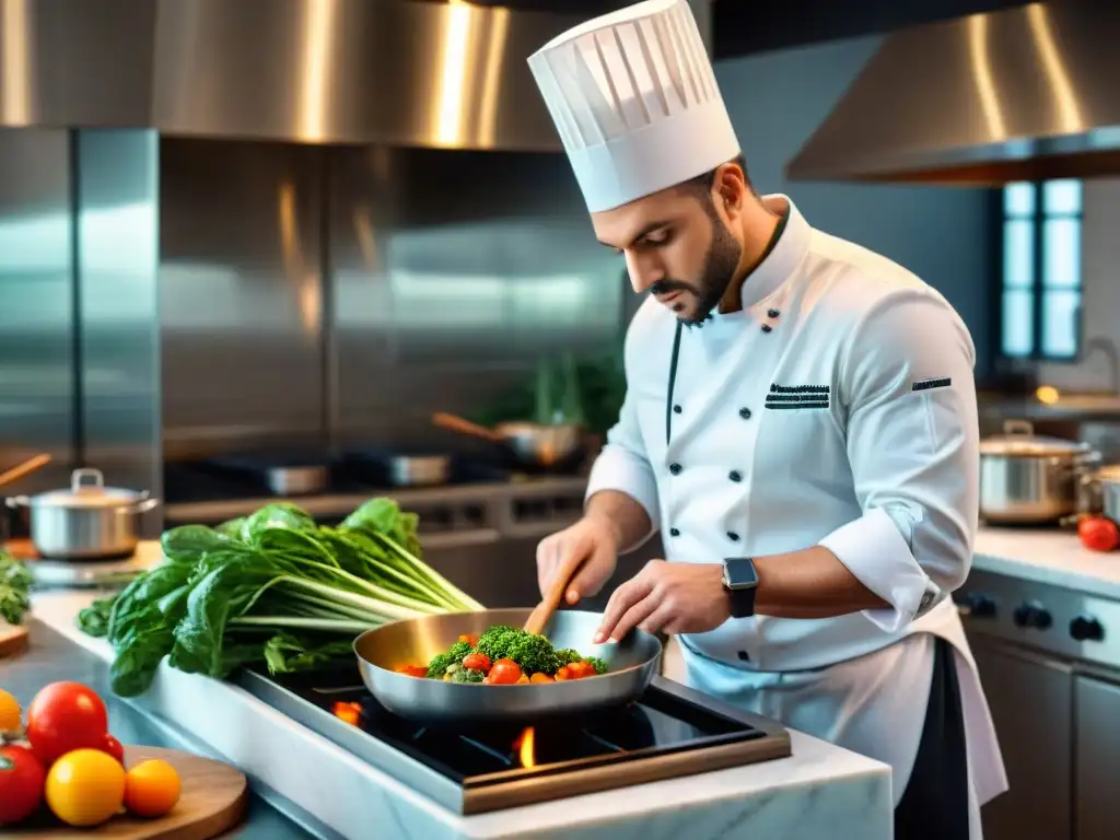 Un chef prepara platillos franceses en una cocina moderna, con utensilios, ingredientes frescos y organización