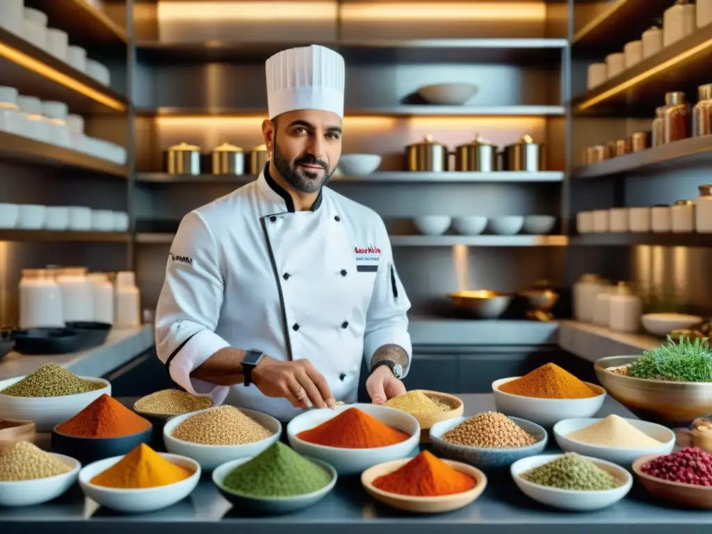 Un chef francés prepara un plato árabe en una cocina moderna, fusionando gastronomías