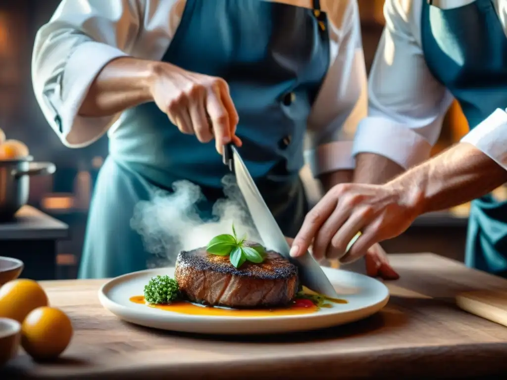 Maestro culinario: Preparación detallada de plato francés en cocina rústica Chef francés preparando plato con precisión y arte en cocina rústica