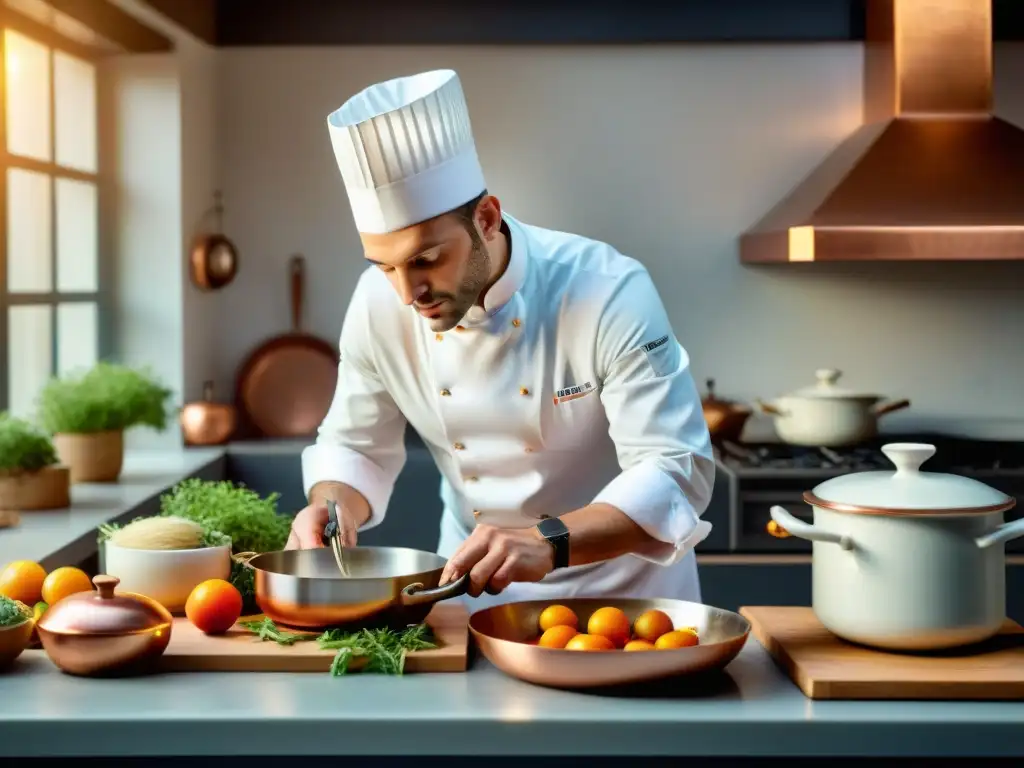 Un chef francés crea con maestría un plato en una bulliciosa cocina parisina