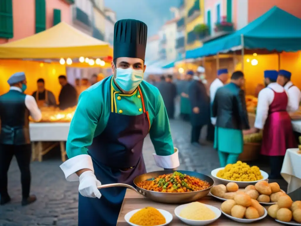 Chef preparando plato en Carnaval de Niza con gastronomía francesa y ambiente festivo