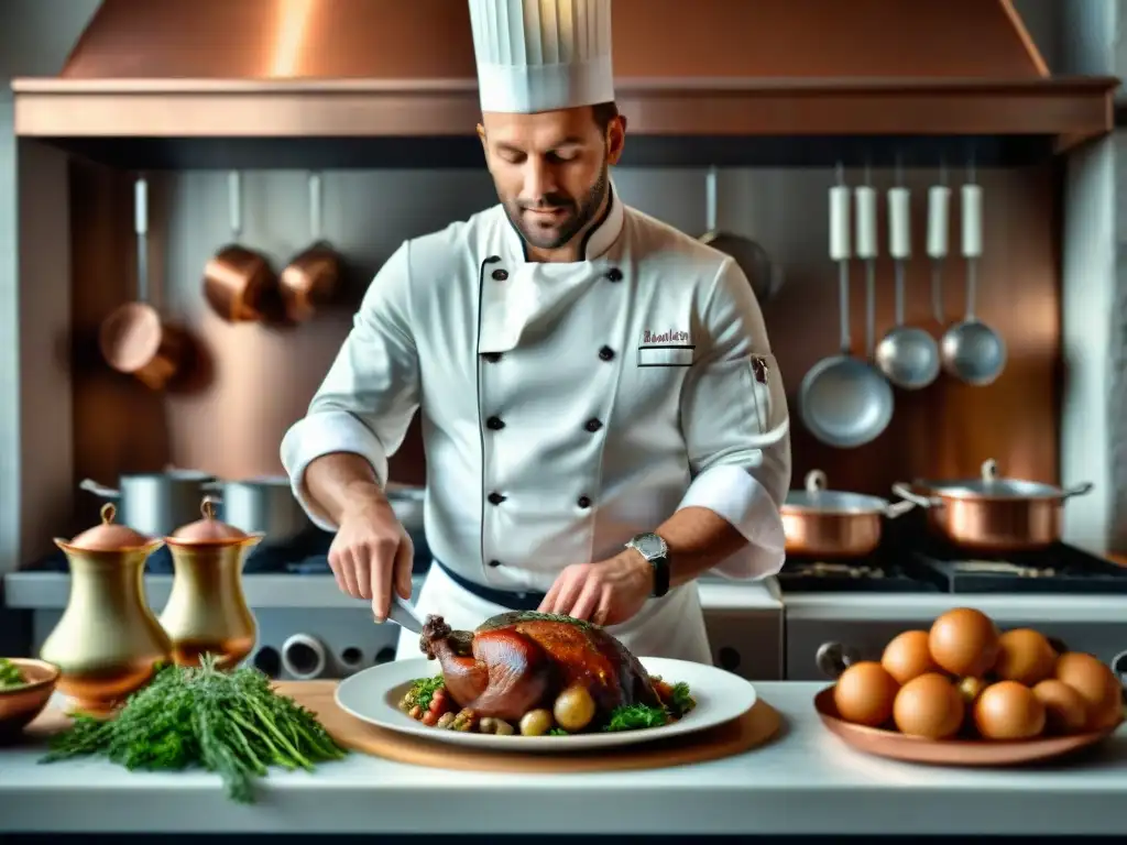 Un chef prepara un plato clásico en una cocina francesa detallada