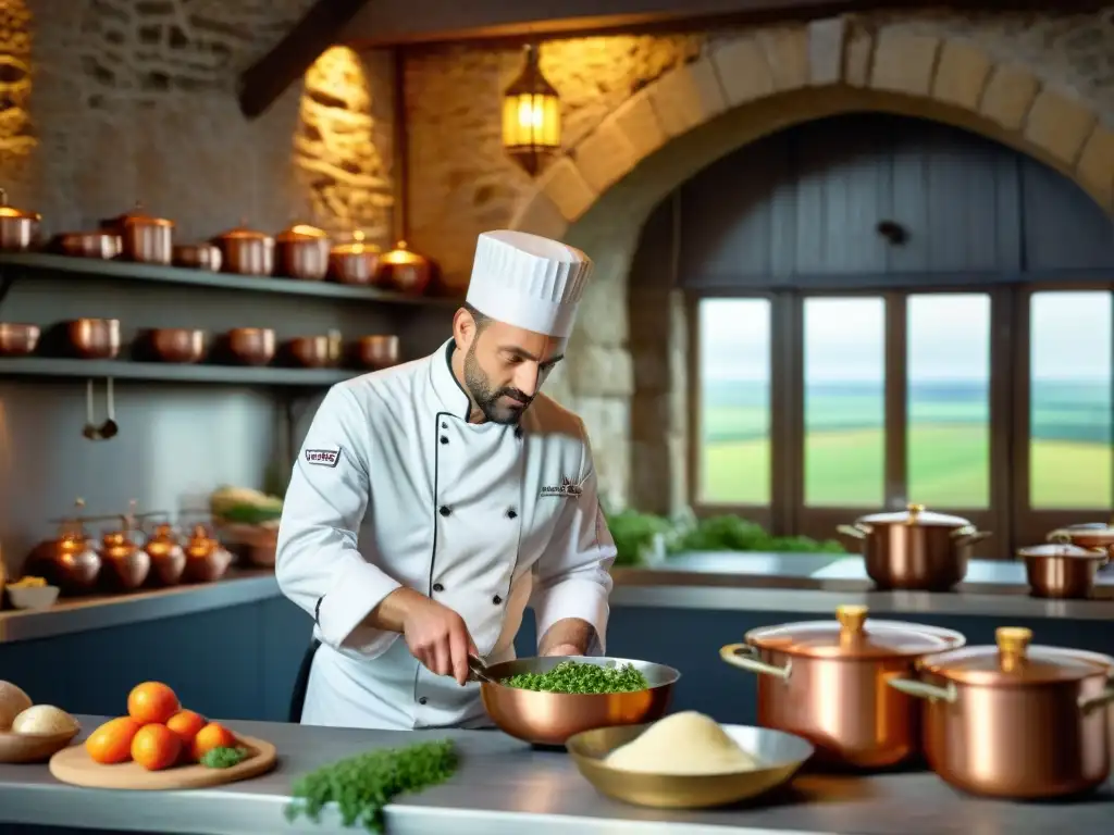 Un chef francés prepara un plato clásico en una cocina con vista a Mont Saint-Michel