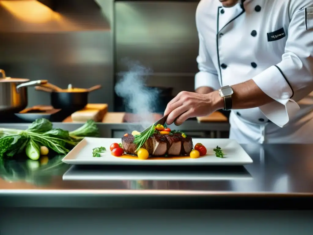 Chef francés preparando plato clásico en cocina elegante, origen alta cocina francesa