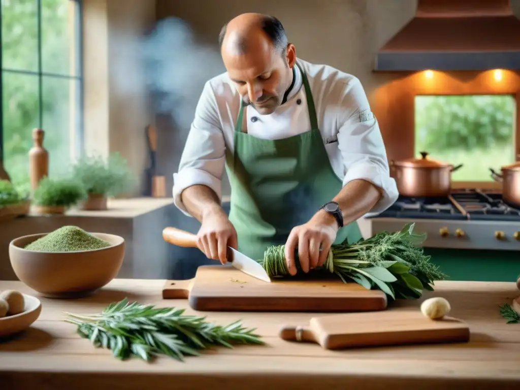 Un chef francés prepara un plato clásico en una cocina provenzal, con uso de la salvia en Francia