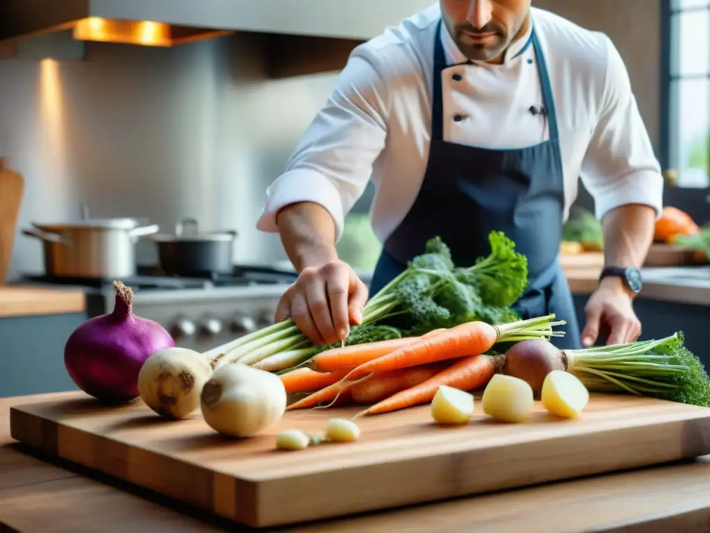 Un chef francés prepara con maestría un plato clásico francés con verduras y tubérculos