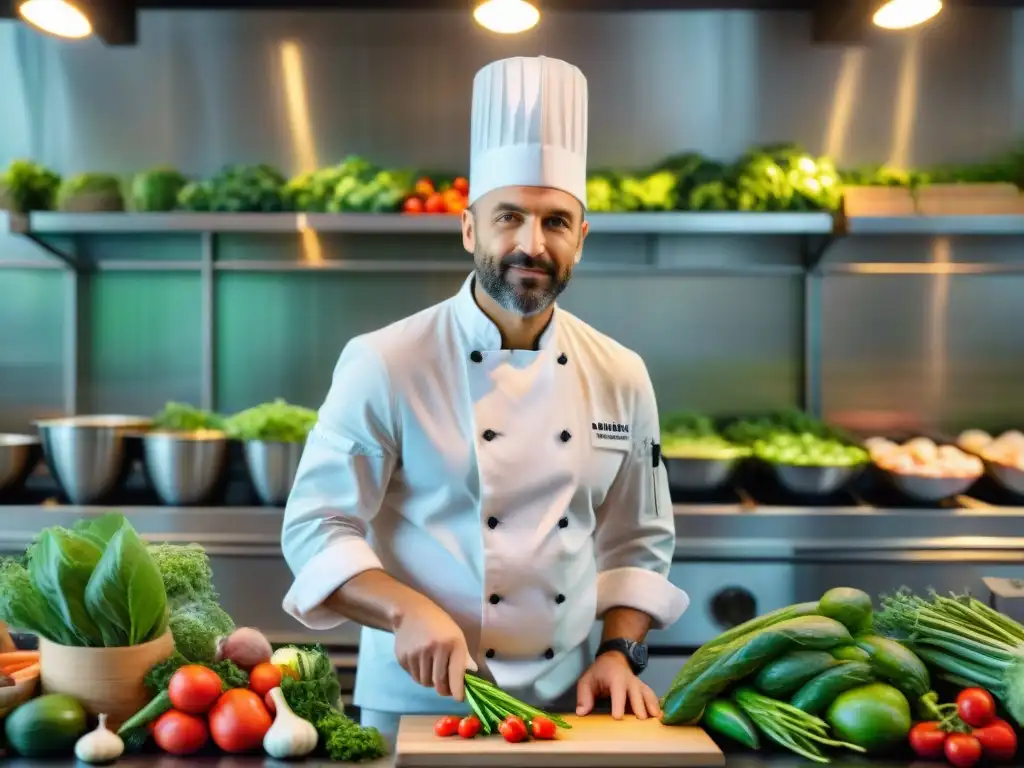 Un chef francés prepara con pasión plato en cocina ecofriendly, rodeado de vegetales orgánicos y vinos