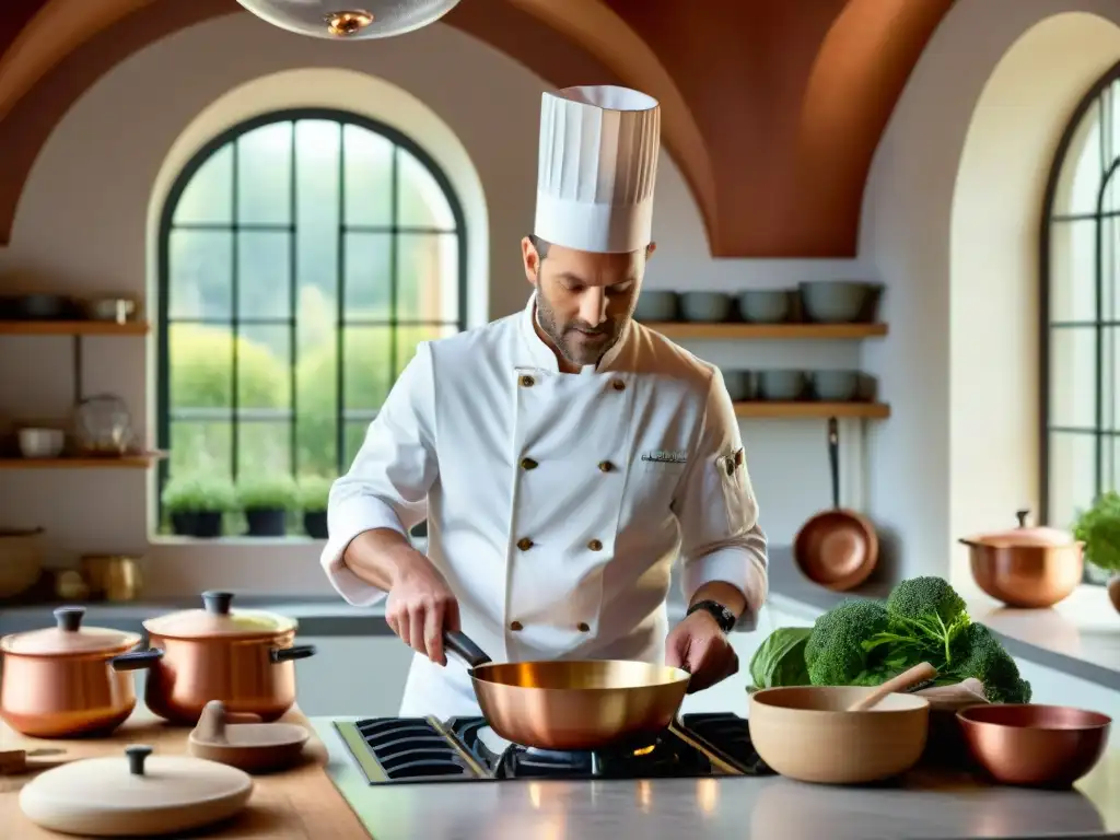 Chef francés preparando un plato en cocina elegante