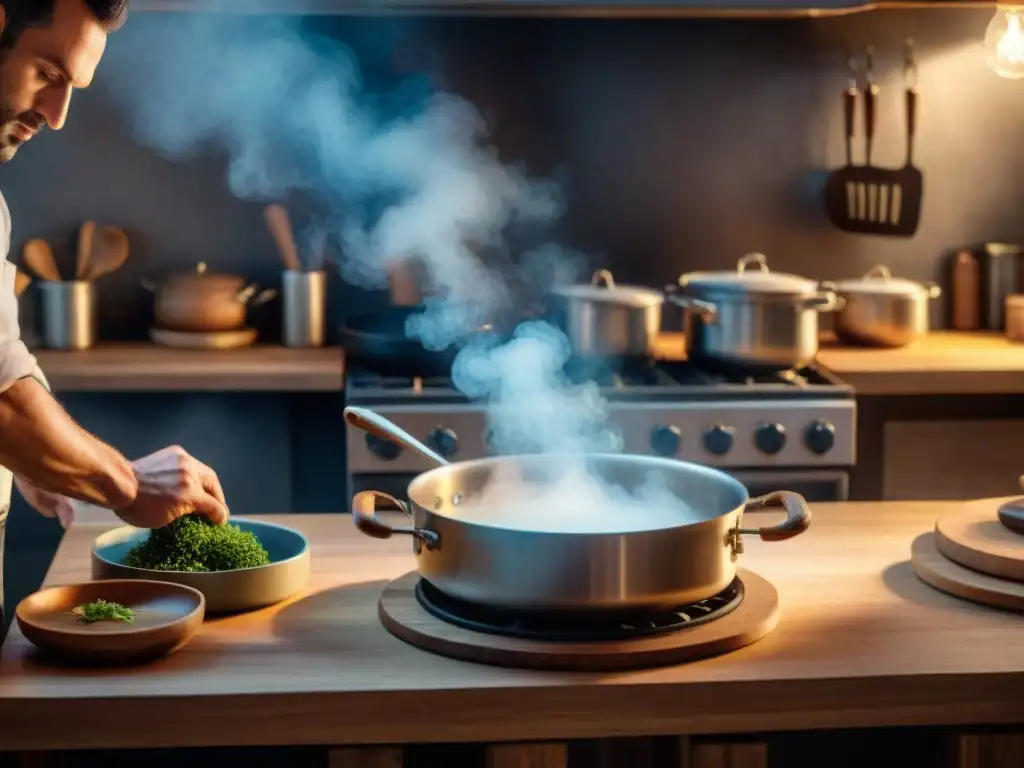 Un chef preparando un plato en una cocina francesa misteriosa de noche, ambientada en un thriller gastronómico