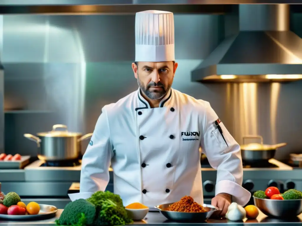 Chef francés preparando plato en cocina moderna