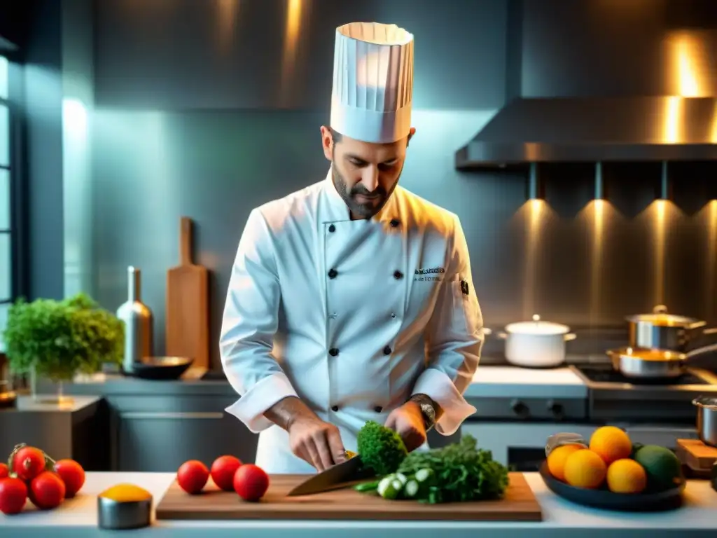 Un chef francés prepara con maestría un plato en una cocina moderna, destacando la innovación en la gastronomía francesa