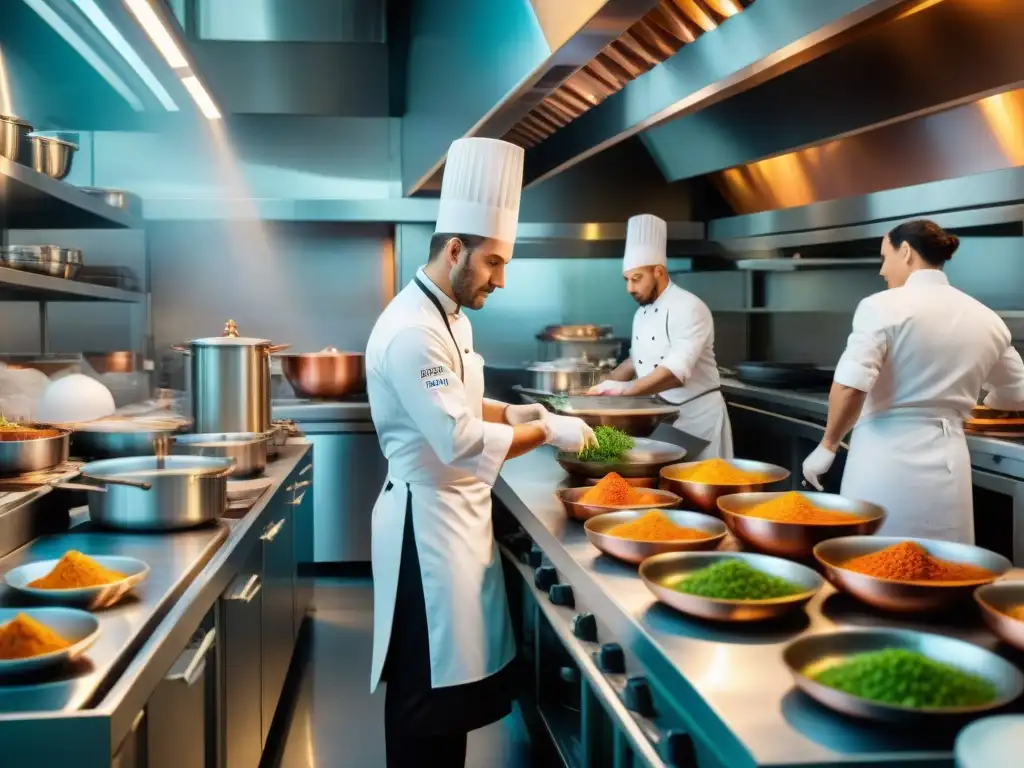 Un chef francés crea con maestría un plato en una cocina parisina, rodeado de ingredientes frescos y personal atareado