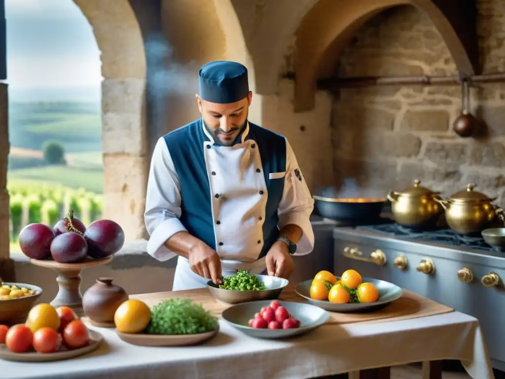 Chef francés preparando plato en cocina rústica con vista a castillo y viñedos