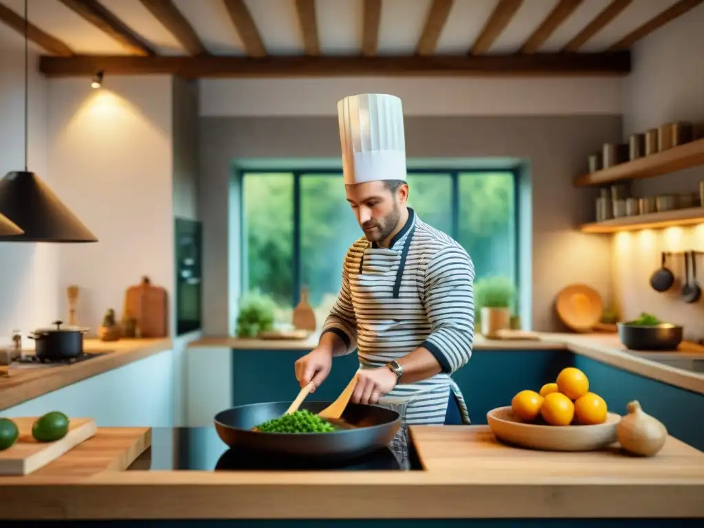 Un chef prepara plato en cocina bretona tradicional con toques modernos