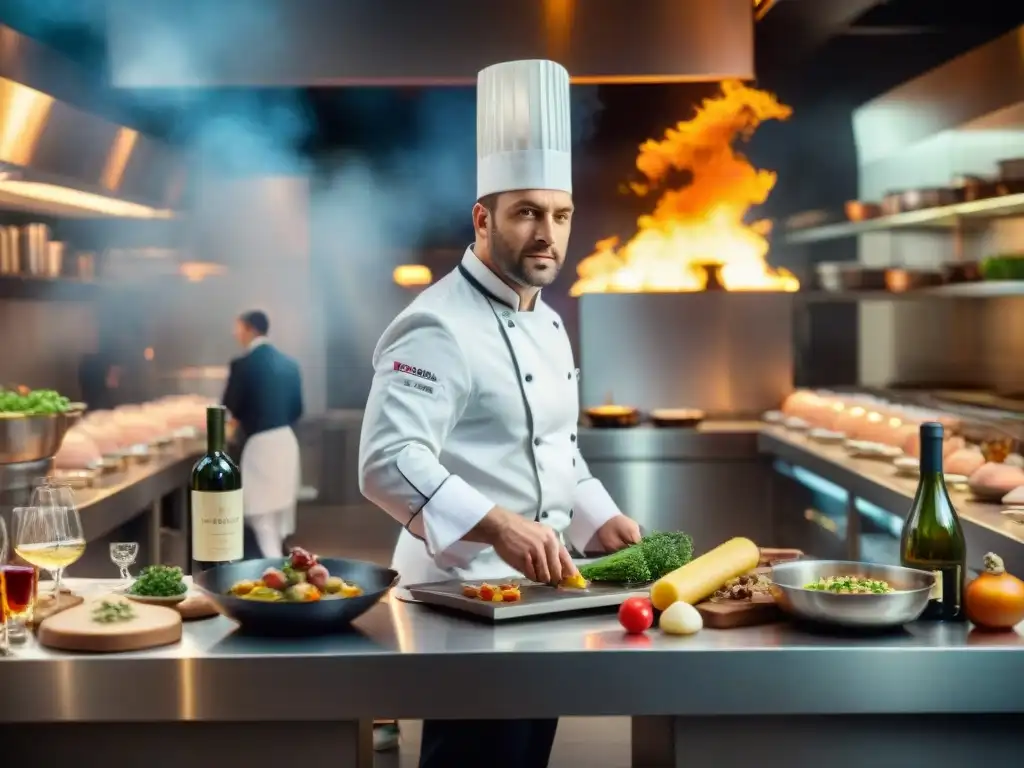 Chef flambeando plato en concurso de cocina con vino, ambiente sofisticado y excelencia culinaria