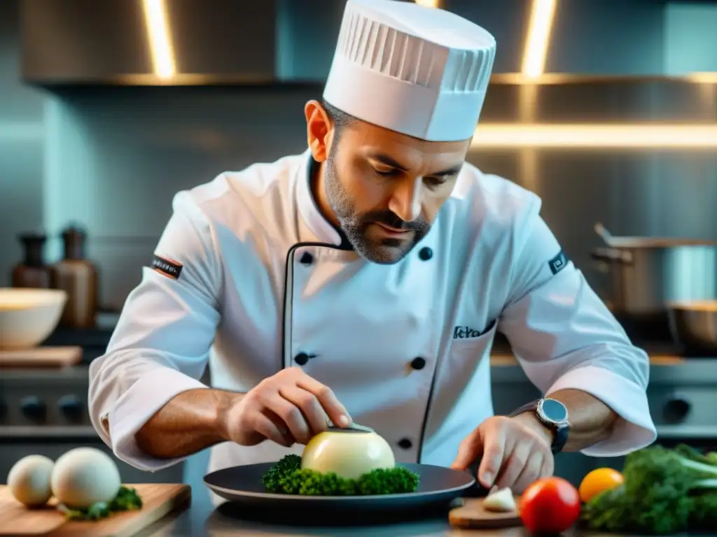 Un chef francés crea con maestría un plato delicado en una cocina moderna, reflejando la psicología del gusto francés