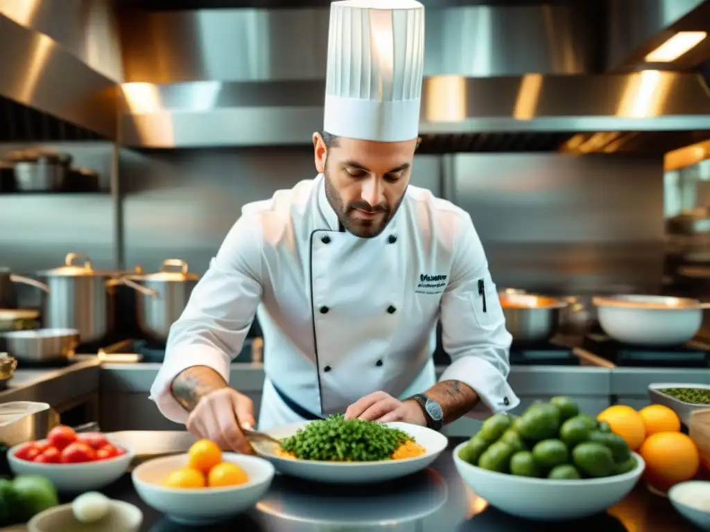 Un chef francés crea un plato delicado en una cocina sofisticada y bulliciosa