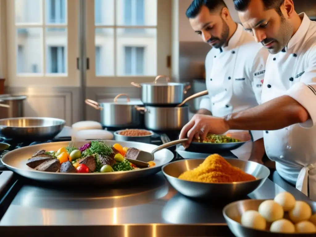 Un chef francés elabora con maestría un plato delicado en una cocina parisina tradicional, mostrando la influencia cultural de la gastronomía francesa