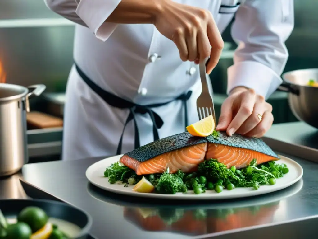 Un chef francés prepara meticulosamente un plato con cero desperdicios, fileteando un pescado con precisión en una cocina impecable