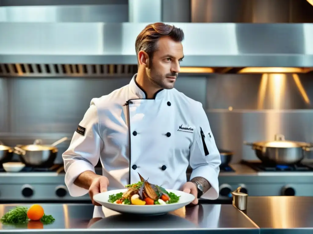Chef francés creando una obra maestra culinaria en cocina moderna Un chef francés crea un plato exquisito en una cocina moderna