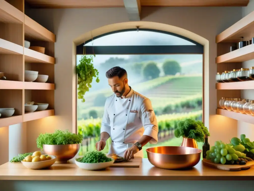 Chef preparando plato francés en cocina rústica de viñedo