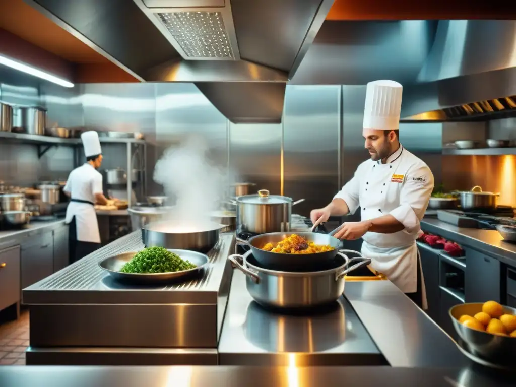 Chef preparando plato francés en cocina bulliciosa de restaurante