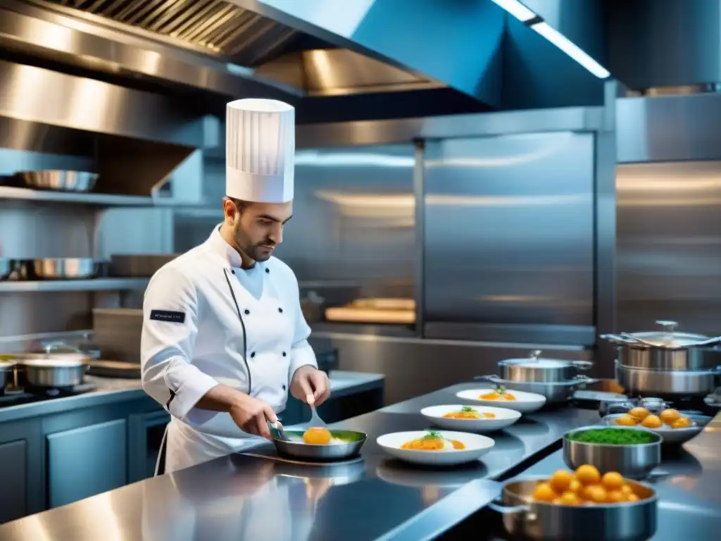 Un chef prepara plato francés con innovación en cocina de restaurante francés moderno