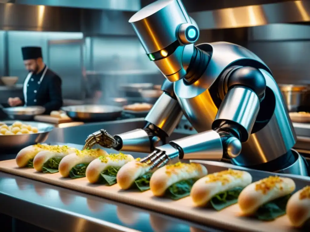 Un chef robot prepara plato francés en cocina de alta gama