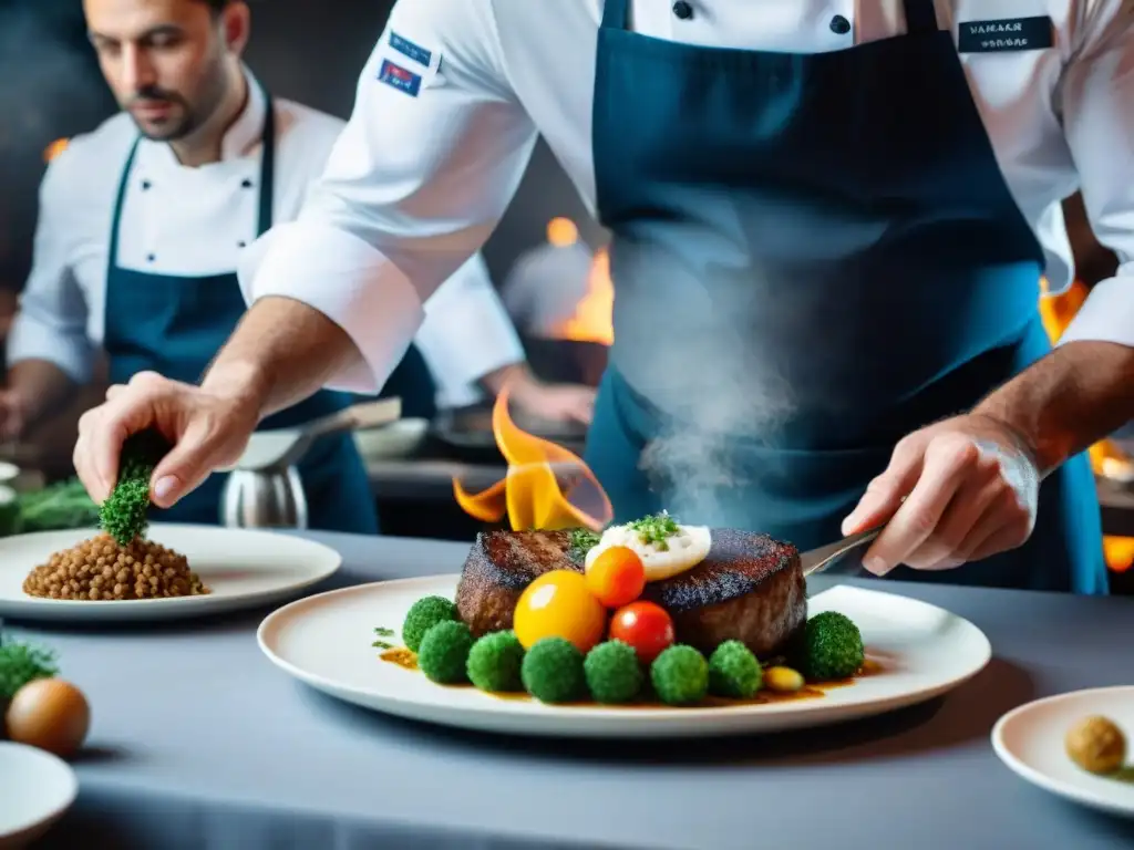 Un chef prepara meticulosamente un plato francés en un evento Cenas PopUp, destacando la gastronomía francesa