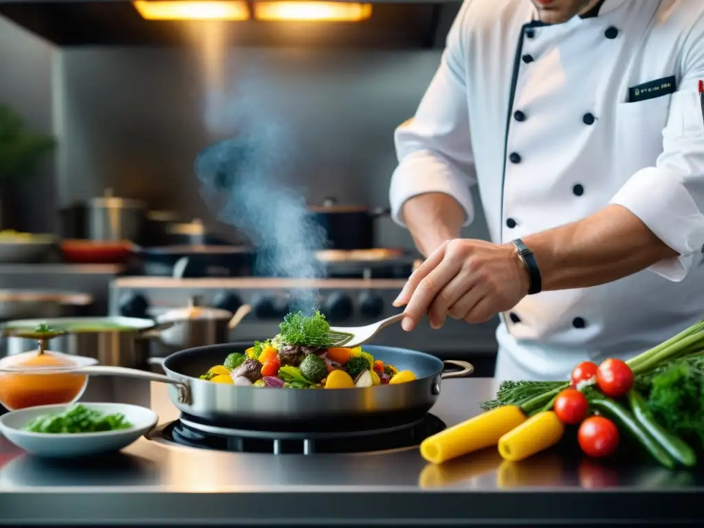 Chef preparando plato francés gourmet en cocina moderna, talleres online cocina francesa gourmet