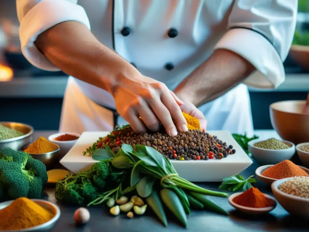 Un chef preparando plato francés con influencia mundial en cocina bulliciosa