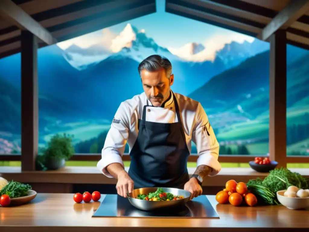 Chef francés preparando plato francés con toque italiano en Aosta