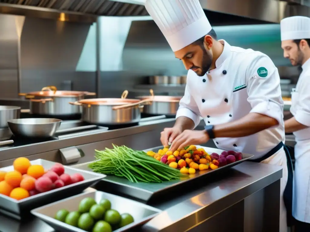 Chef preparando plato de fusión francés-mahorí innovador con ingredientes coloridos en cocina dinámica