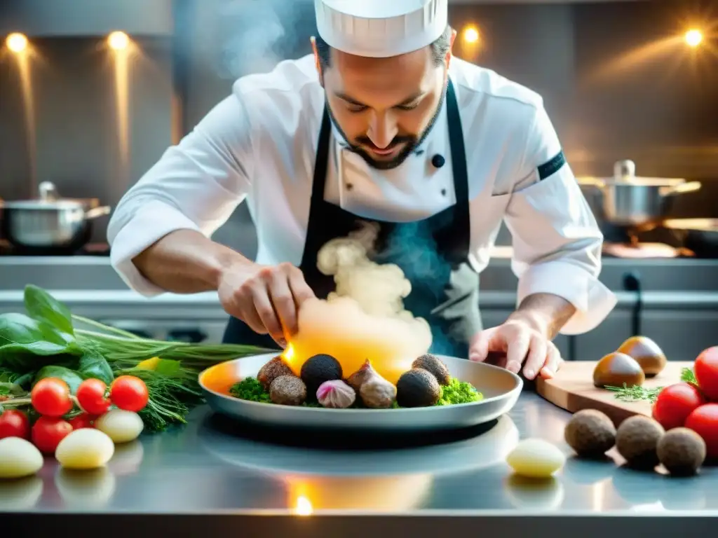 Un chef francés prepara plato gourmet en cocina elegante con ingredientes tradicionales