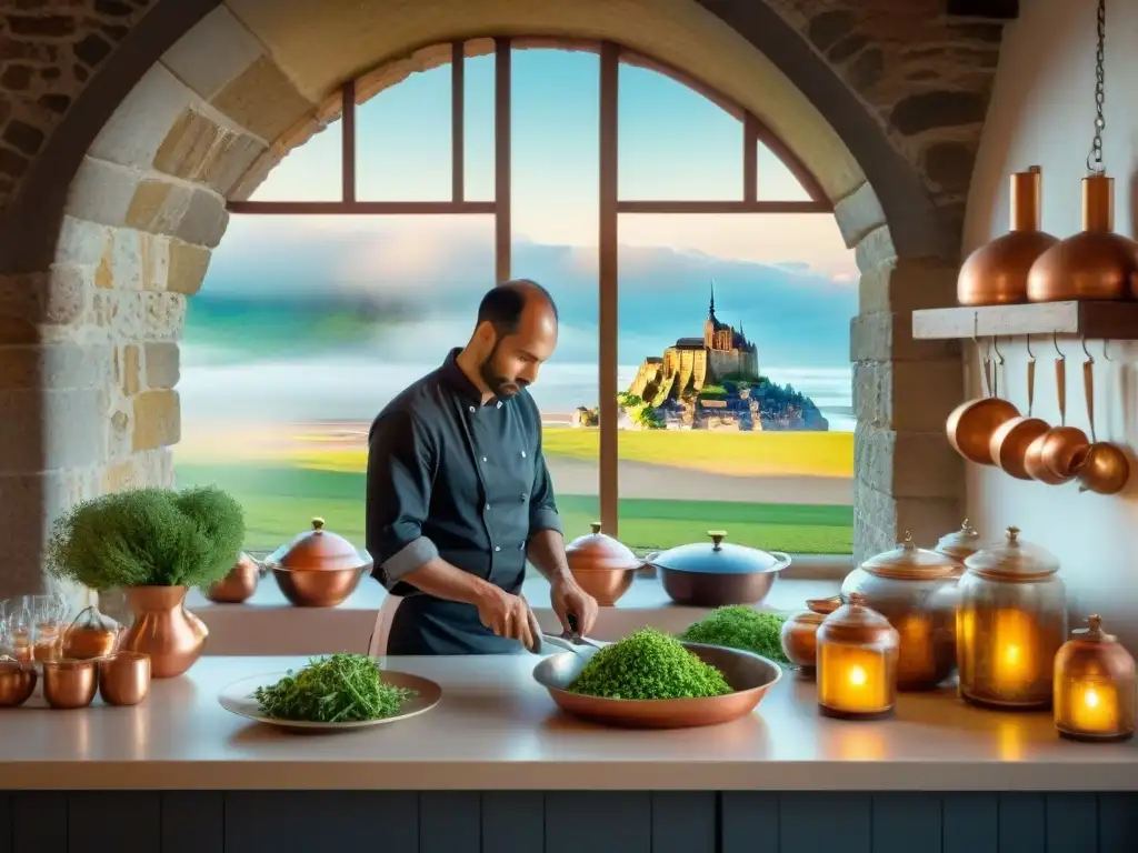 Un chef francés prepara un plato gourmet en una cocina con vista a Mont Saint Michel