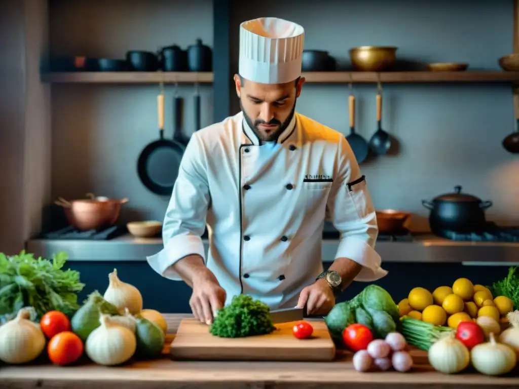 Chef francés preparando plato gourmet en cocina rústica con influencia cultural gastronomía francesa