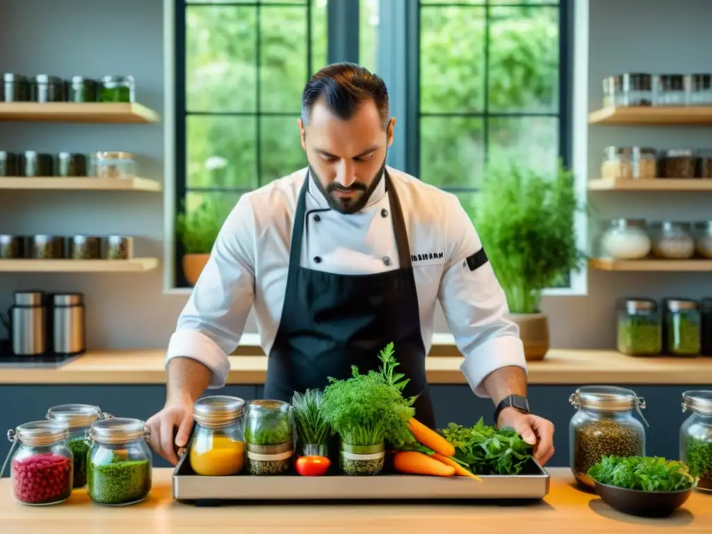 Chef francés preparando plato gourmet con cocina al vacío en moderna cocina ecofriendly