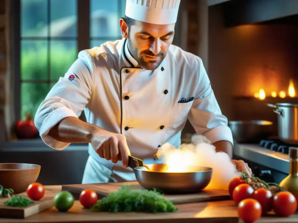 Un chef francés hábil prepara plato gourmet en cocina rústica de Alsacia con vinos franceses para cocina gourmet