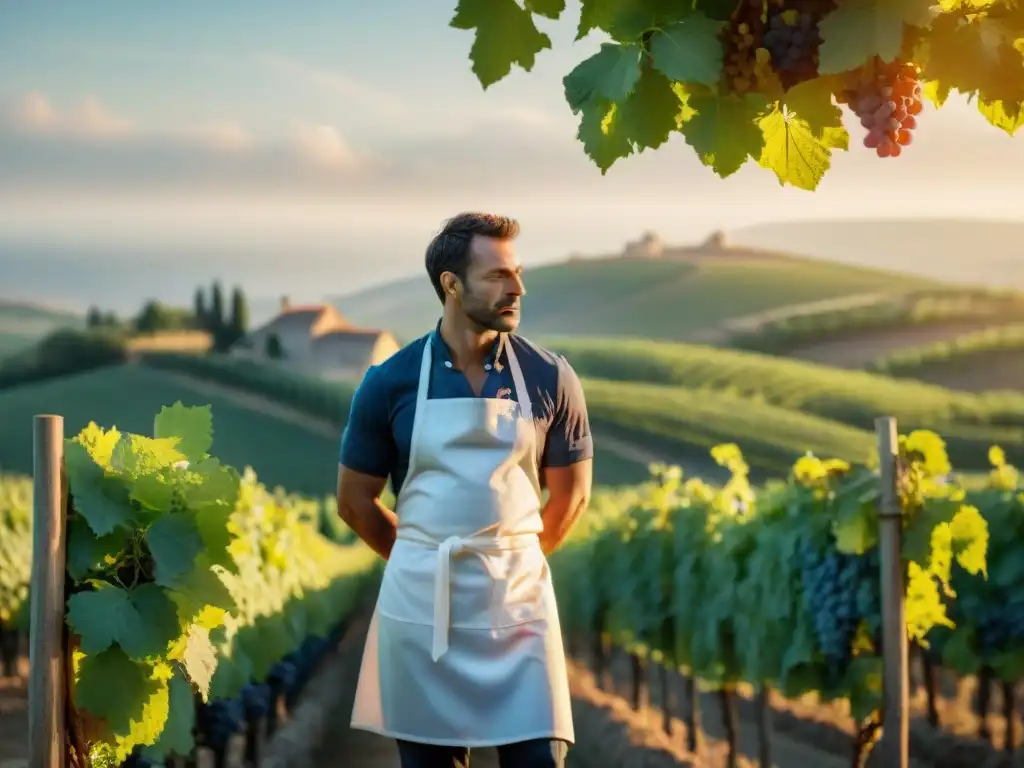 Chef francés preparando plato gourmet en viñedo de Languedoc al atardecer, destacando la conexión entre gastronomía y vinos