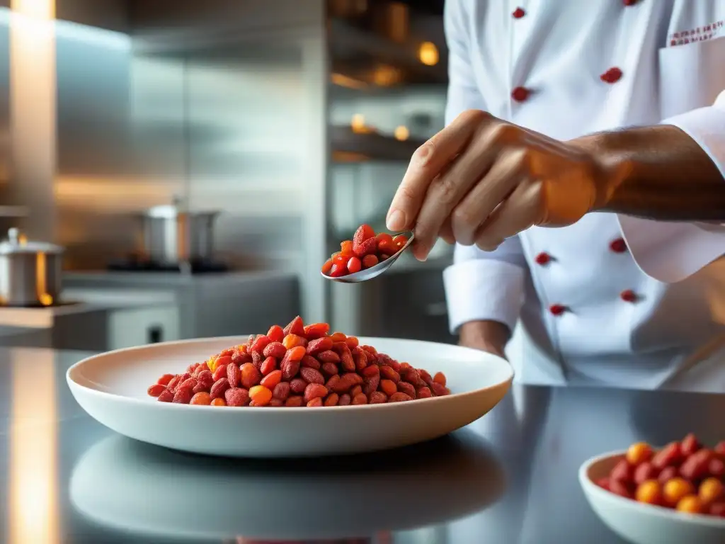 Un chef francés coloca bayas Goji en plato gourmet con precisión