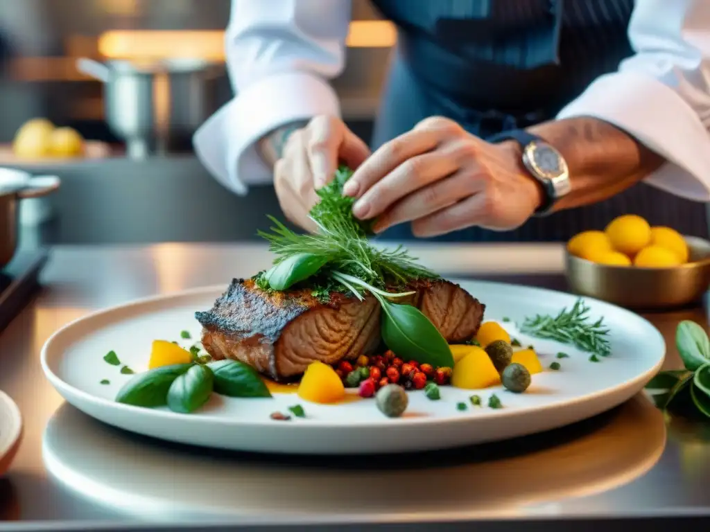 Chef decorando plato con hierbas y especias, mostrando la importancia del diseño en menús en cocina profesional