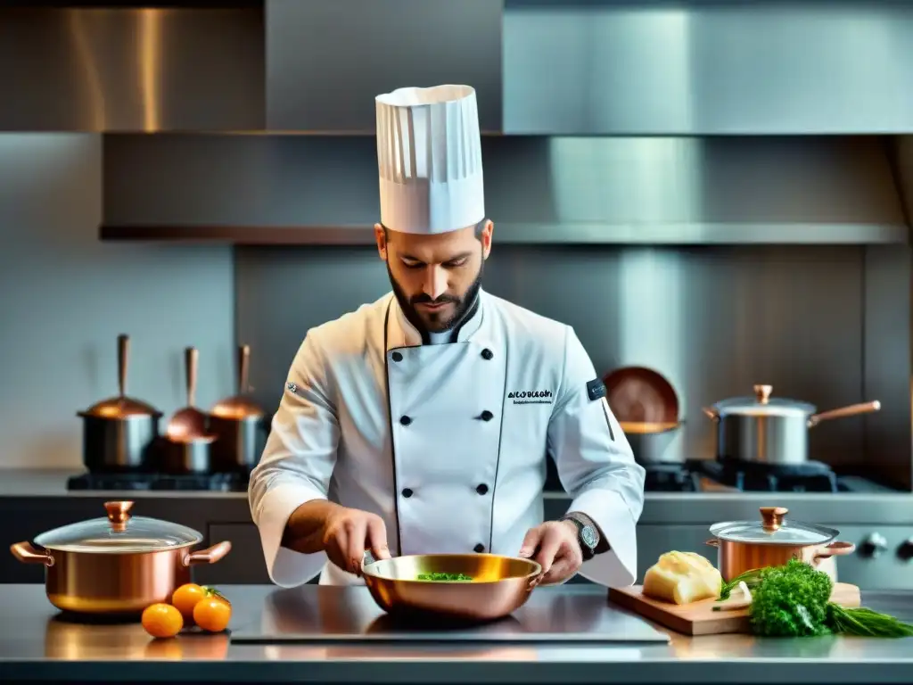 Un chef francés prepara plato innovador en cocina contemporánea, fusionando gastronomía tradicional e innovadora