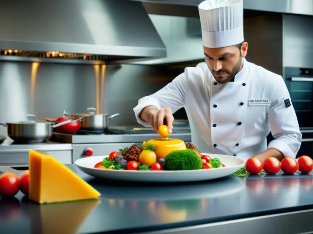 Un chef francés crea un plato innovador en una cocina moderna, reflejando creatividad y precisión